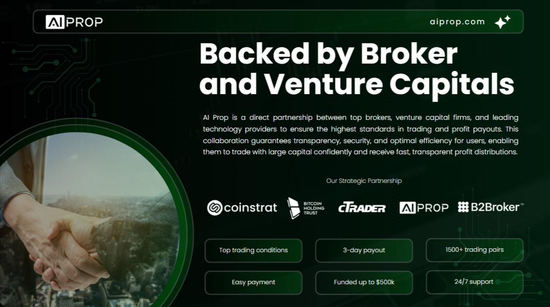 Slide Backed by Broker and Venture Capitals: bắt tay hợp tác và logo đối tác Coinstrat, cTrader, B2Broker