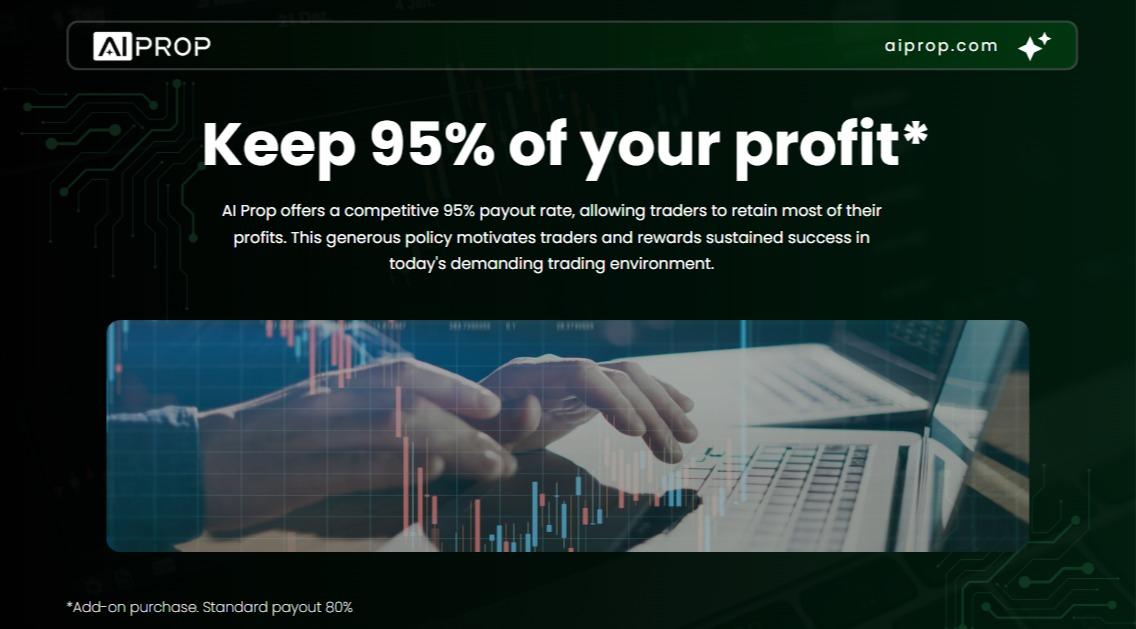 Banner Keep 95% of your profit: bàn tay gõ laptop bên cạnh biểu đồ giao dịch