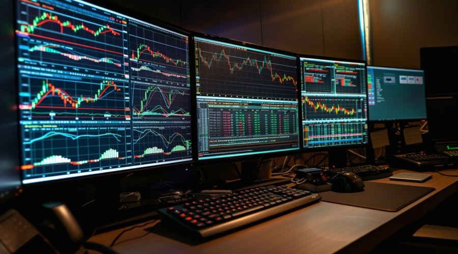 Dark trading desk with four monitors showing candlestick charts and market data