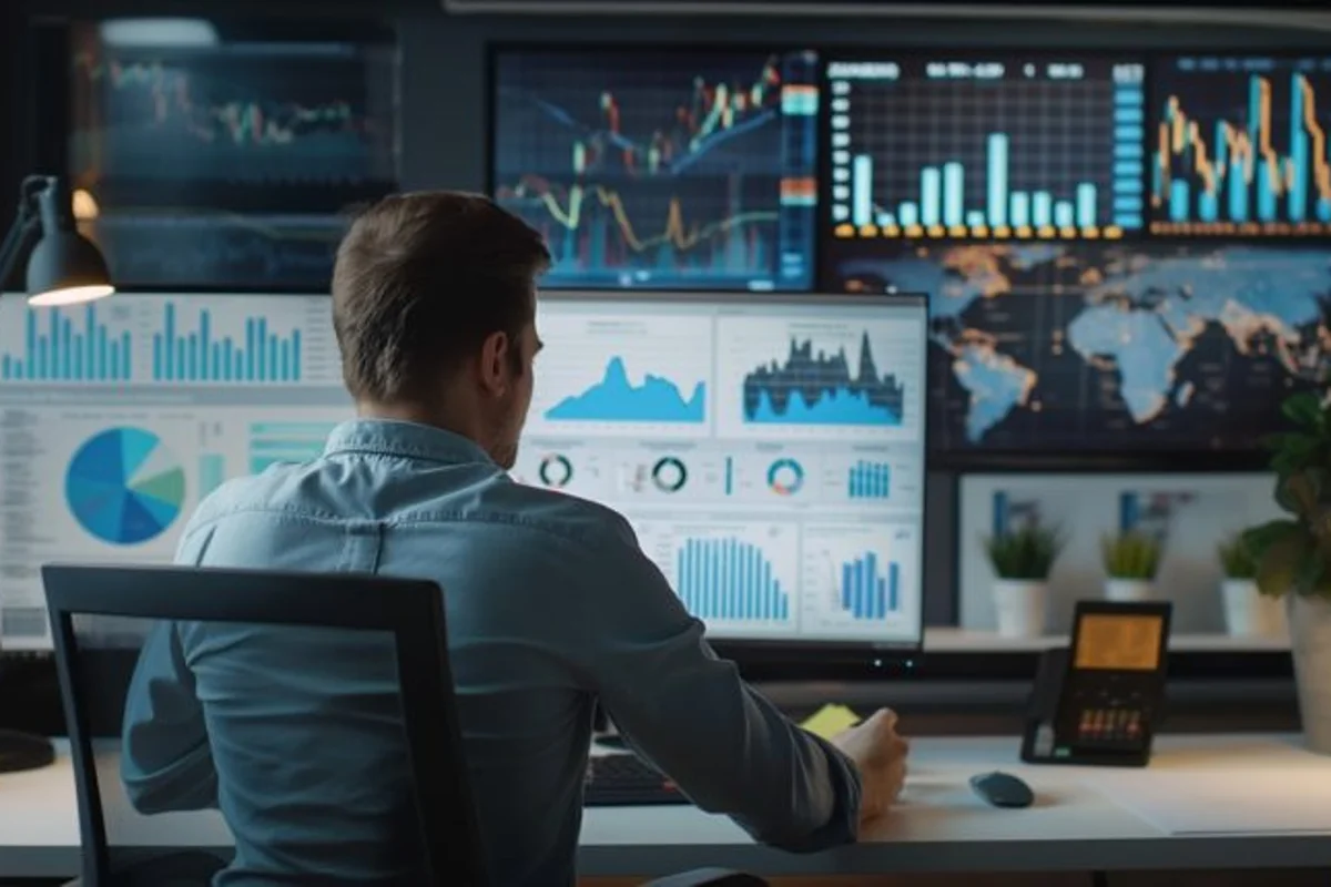 Trader seen from behind at a desk with several monitors showing charts and a world map