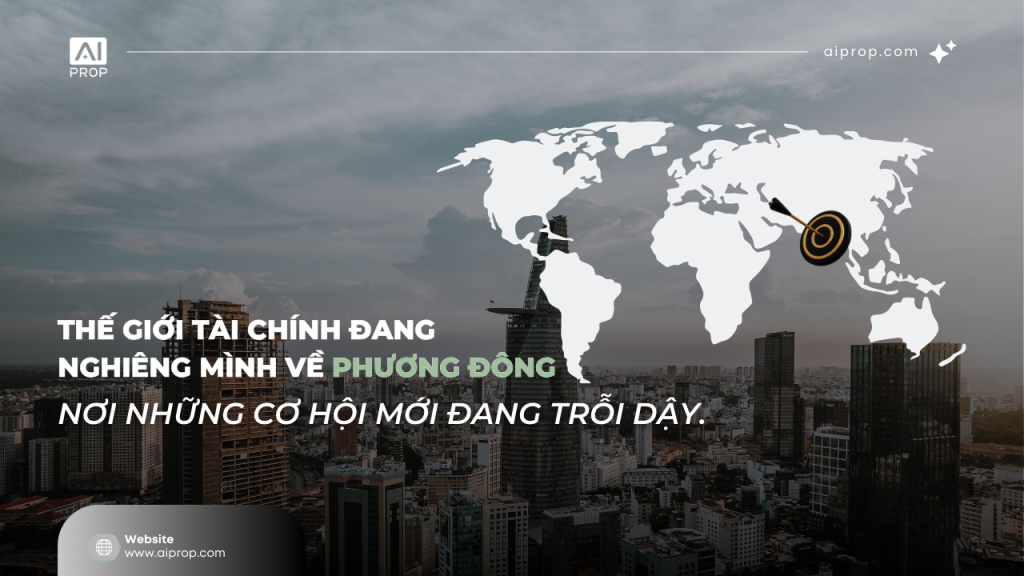 Banner Thế giới tài chính đang nghiêng mình về phương Đông, nơi cơ hội mới trỗi dậy, bản đồ và hồng tâm châu Á