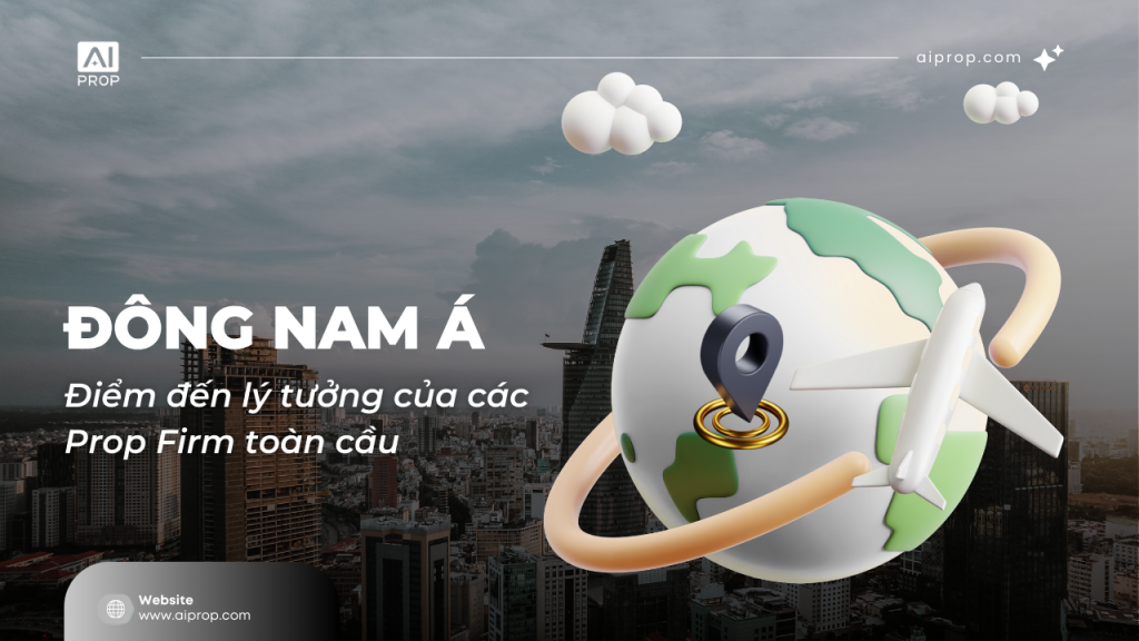 Banner Đông Nam Á: điểm đến lý tưởng của các Prop Firm toàn cầu, quả địa cầu 3D, ghim vị trí và máy bay