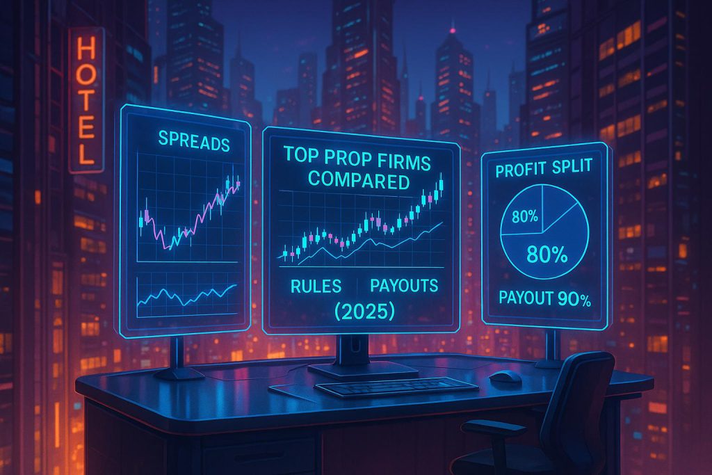 Illustration of three screens comparing top prop firms in 2025 by spreads, rules, payouts and profit split