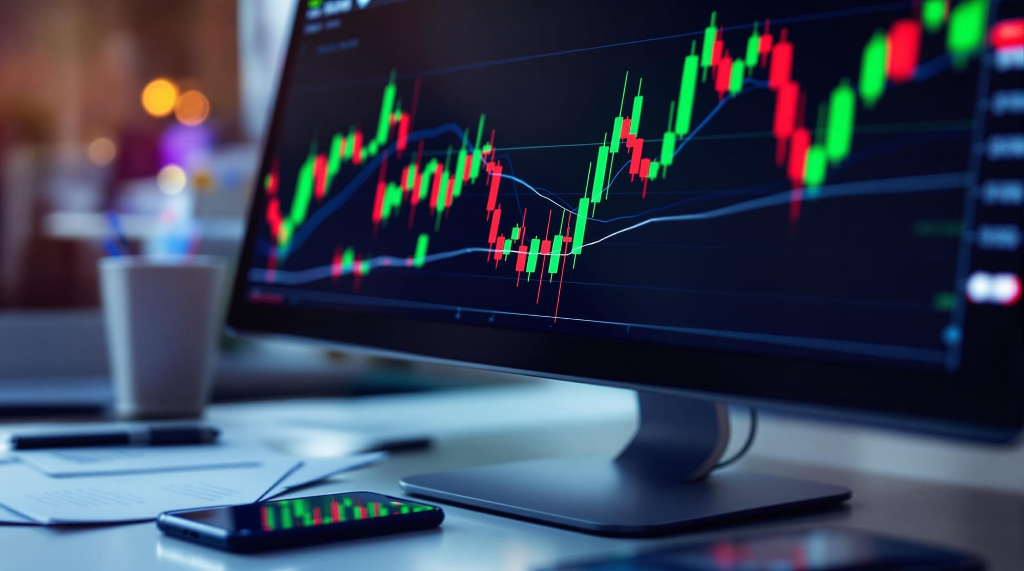 Computer monitor showing a green and red candlestick chart on a desk with a smartphone