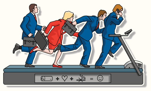 Cartoon of businesspeople running on a treadmill, illustrating the hedonic treadmill effect