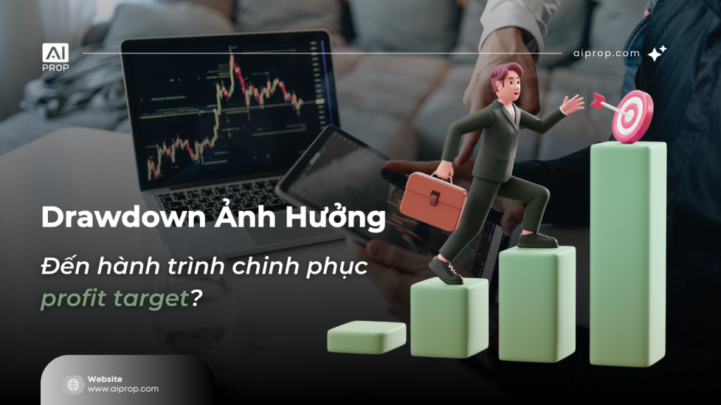 Banner “Drawdown ảnh hưởng đến hành trình chinh phục profit target?” với hình người leo lên các cột