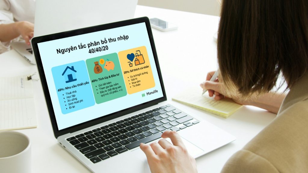 Woman at a laptop showing a Vietnamese income allocation rule slide with three spending categories