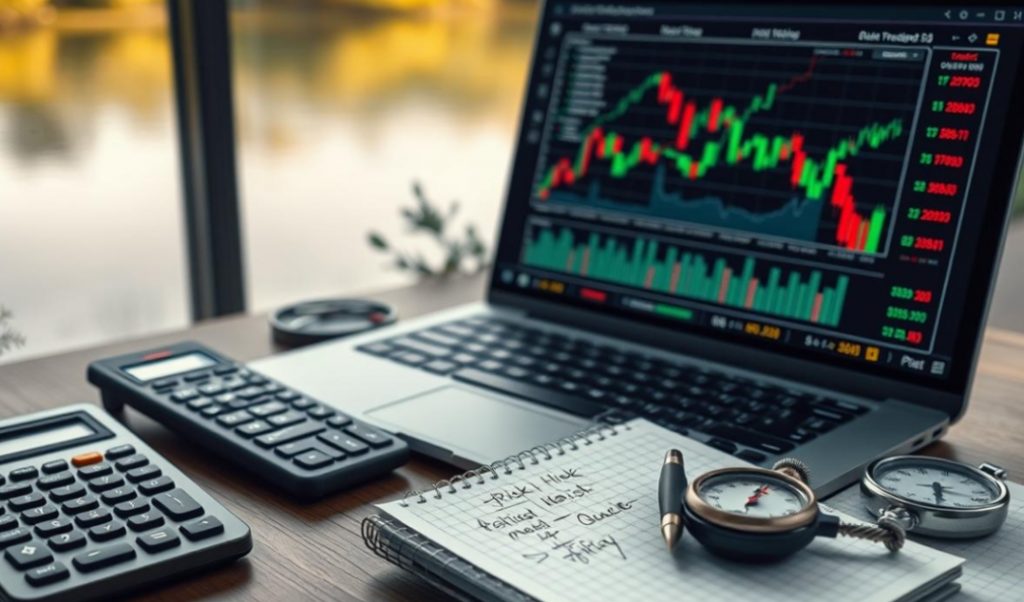 Laptop showing a candlestick chart beside a calculator, notebook and compass on a desk by a window