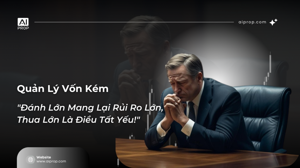 Banner “Quản lý vốn kém – Đánh lớn mang lại rủi ro lớn, thua lớn là điều tất yếu” với doanh nhân lo âu