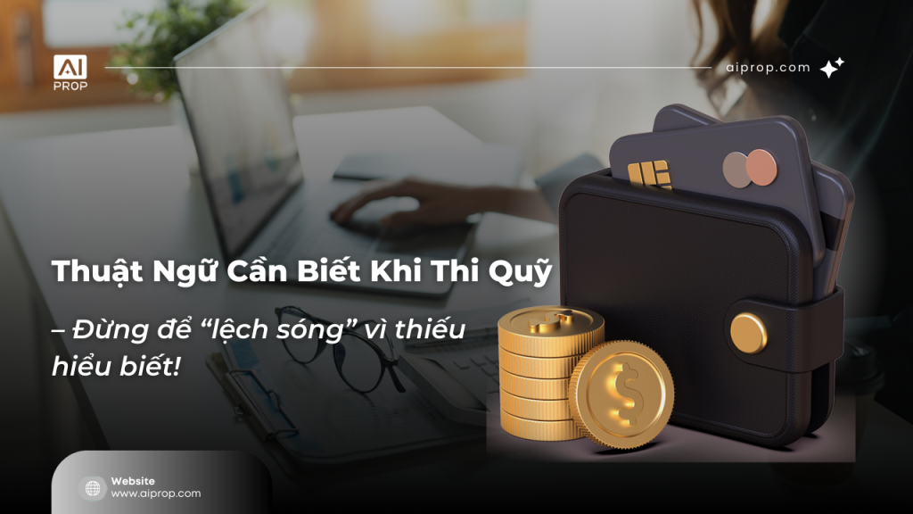 Banner “Thuật ngữ cần biết khi thi quỹ” với ví da đen và chồng tiền xu vàng