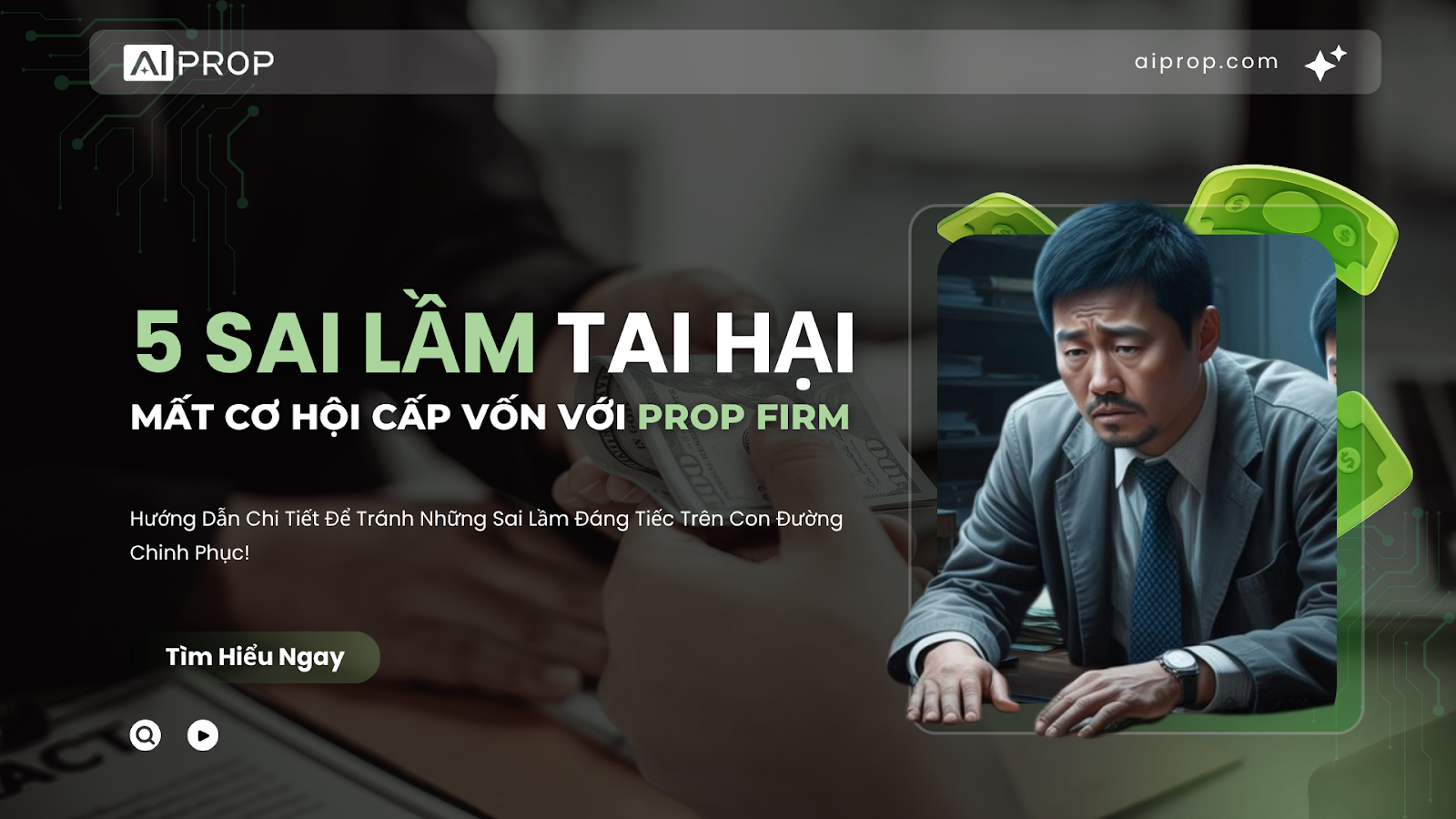 Ảnh bìa AI Prop về 5 sai lầm tai hại khiến trader mất cơ hội cấp vốn, người đàn ông mặc vest căng thẳng