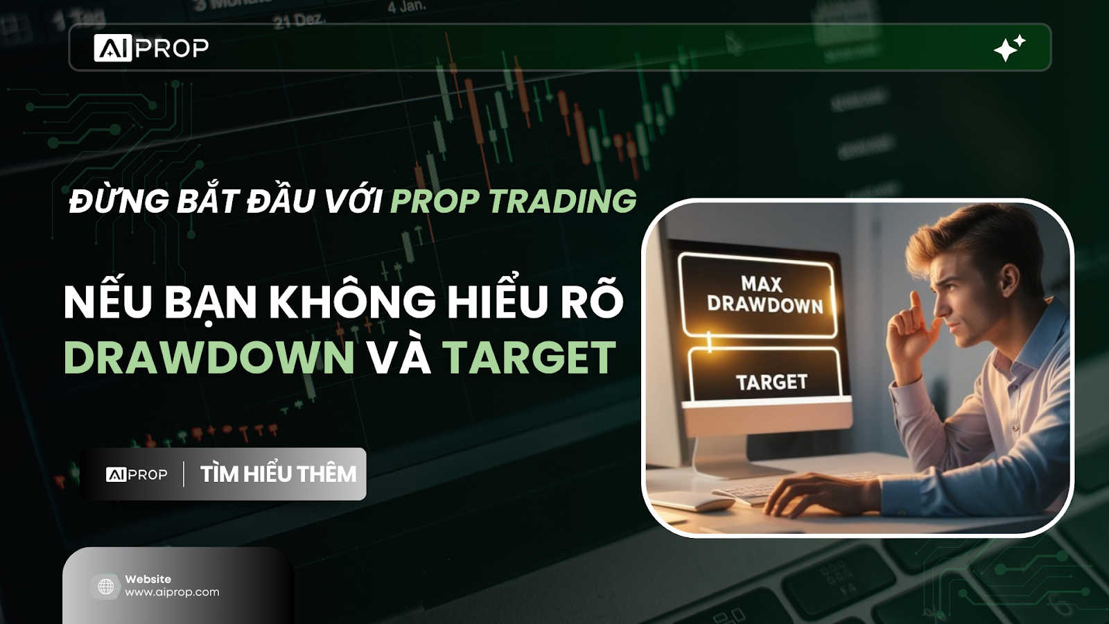 Ảnh bìa nhắc trader phải hiểu rõ max drawdown và target trước khi bắt đầu prop trading, người ngồi trước màn hình