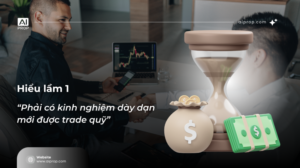 Banner “Hiểu lầm 1: Phải có kinh nghiệm dày dạn mới được trade quỹ” với đồng hồ cát và túi tiền