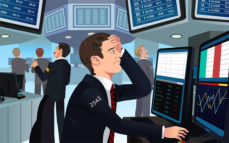 Cartoon of a stressed trader at a desk of monitors on a busy exchange trading floor