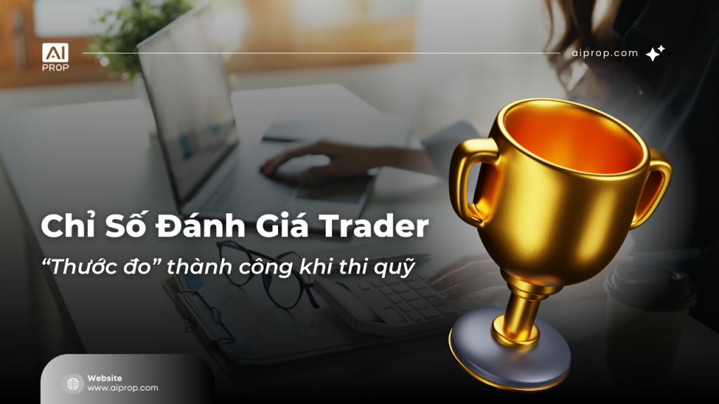 Banner “Chỉ số đánh giá trader – Thước đo thành công khi thi quỹ” với chiếc cúp vàng