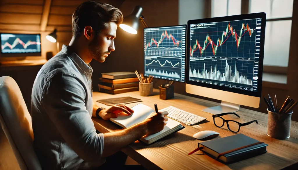 Man writing notes at a wooden desk in front of two monitors displaying price charts