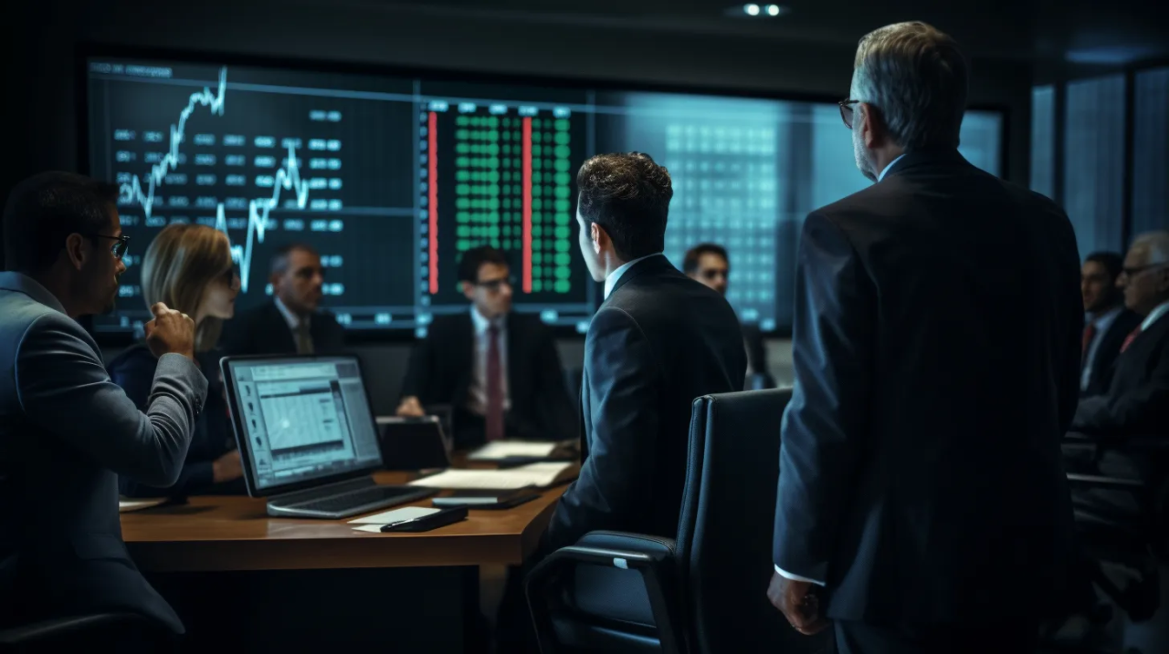 Traders in suits working in a dark trading room with large screens of market charts