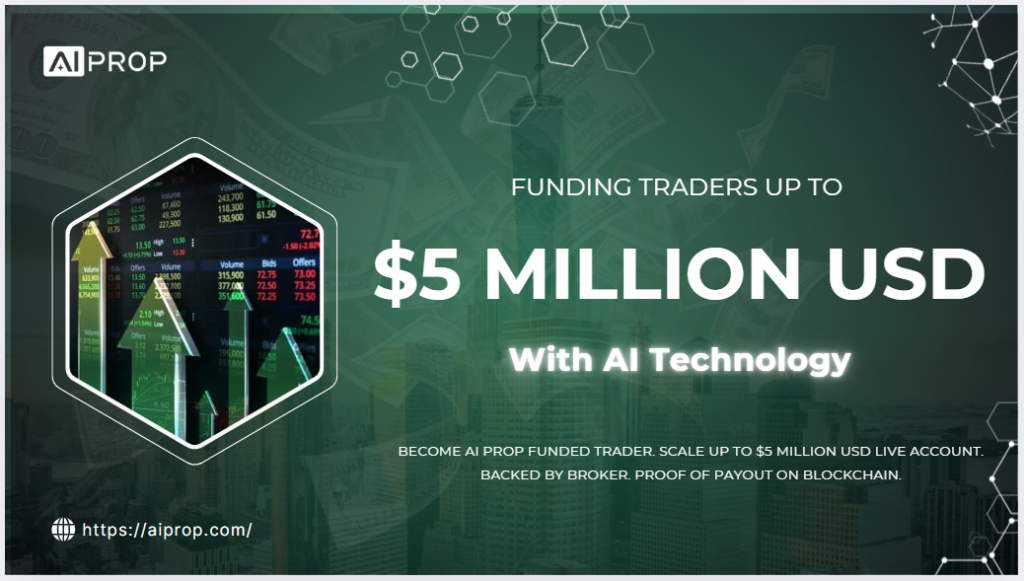 AI Prop banner: funding traders up to $5 million USD with AI technology, backed by a broker