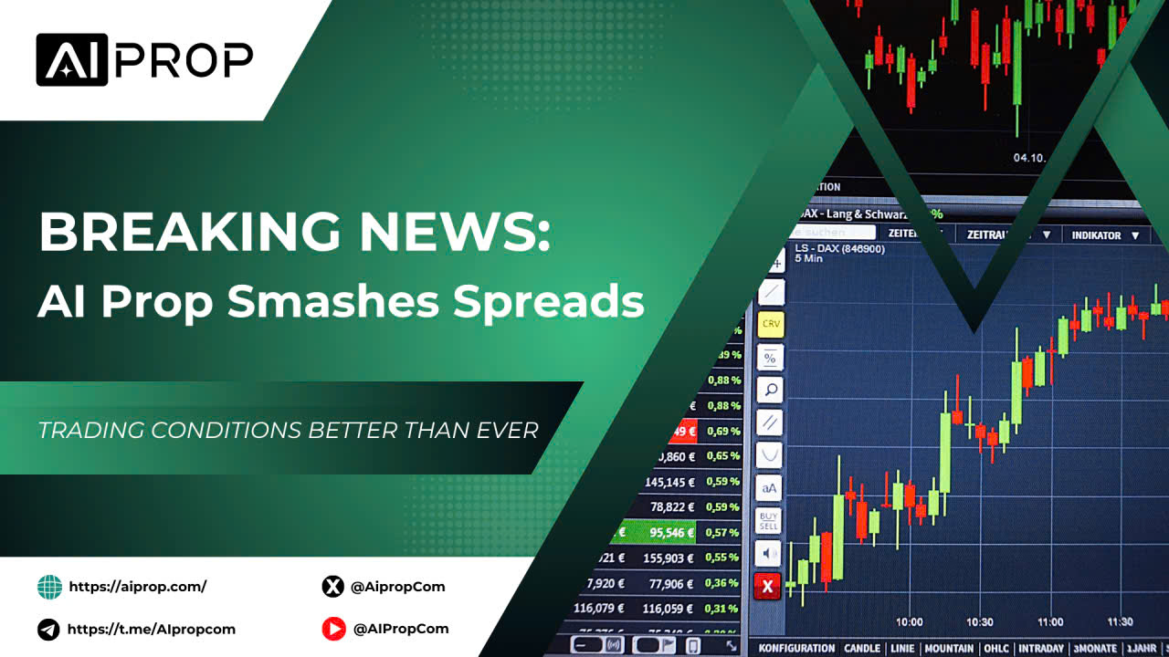AI Prop breaking news banner on smashed spreads, next to a candlestick trading platform