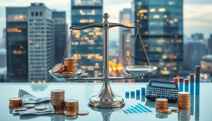 Balance scale holding coins in front of a city skyline, with a calculator and bar charts