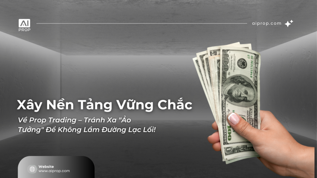 Banner “Xây nền tảng vững chắc về prop trading – Tránh xa ảo tưởng” với bàn tay cầm xấp tiền đô