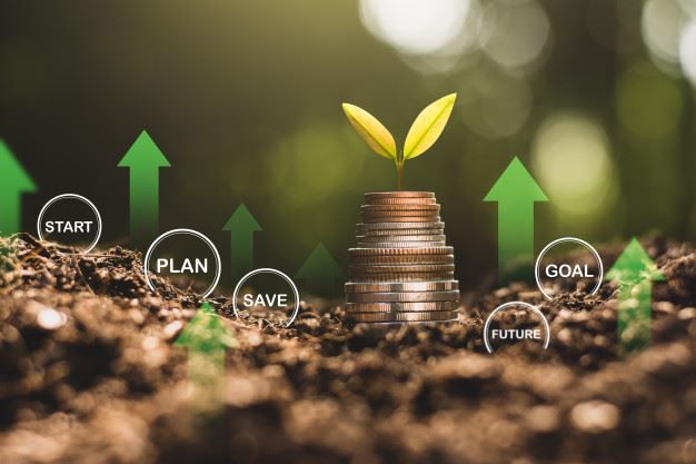 Coin stack with a sprout in soil, surrounded by icons for start, plan, save, goal and future