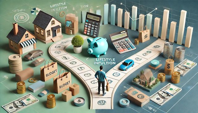 Illustration of “Lifestyle Inflation” as a board game path with houses, cars, shopping bags and cash