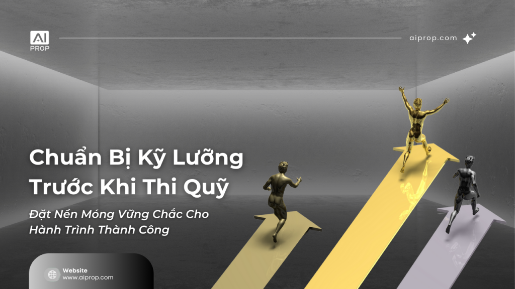 Banner “Chuẩn bị kỹ lưỡng trước khi thi quỹ” với hình người leo lên những mũi tên đi lên