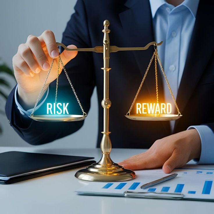 Hand holding a golden balance scale weighing “Risk” against “Reward” above financial reports