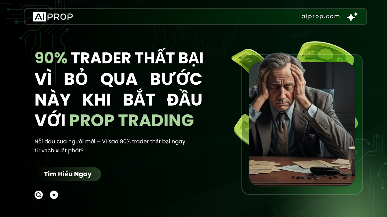 Ảnh bìa AI Prop về lý do 90% trader mới thất bại, người đàn ông lớn tuổi ôm đầu căng thẳng bên bàn