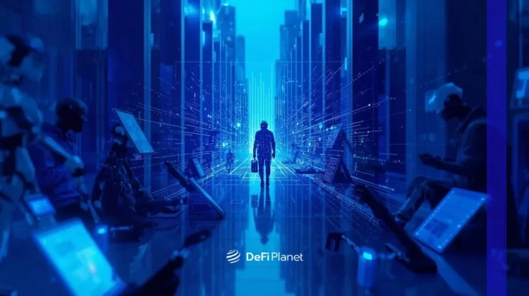 Ảnh bài viết DeFi Planet: trader bước giữa thành phố số màu xanh đầy màn hình dữ liệu