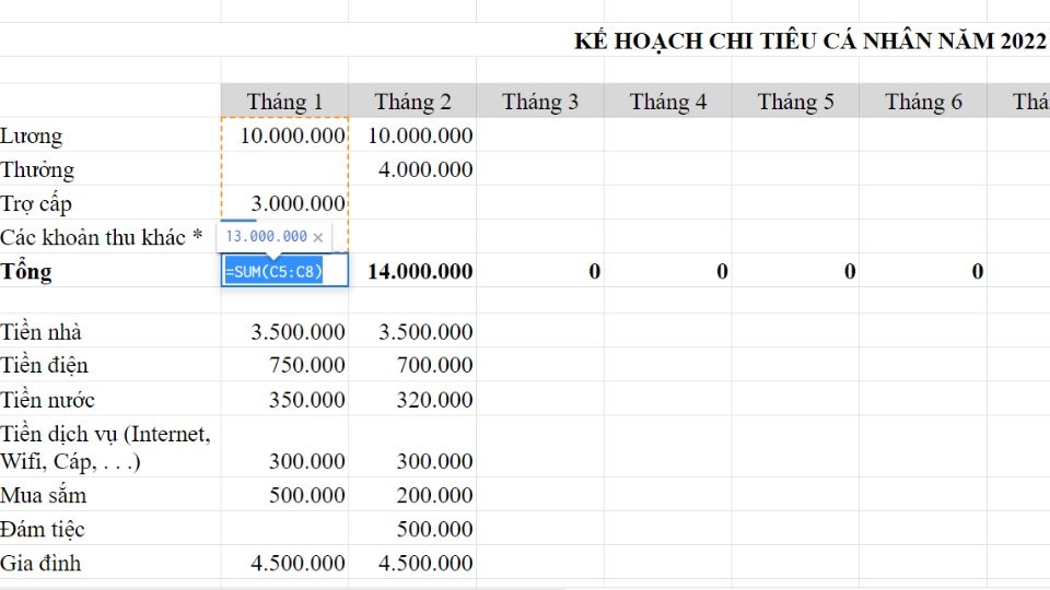 Bước 3: Sử dụng công thức Sum để tính tổng tiền
