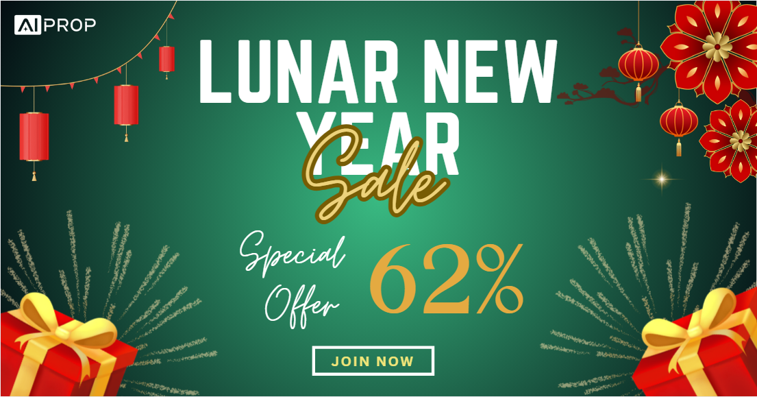 AI Prop Lunar New Year Sale banner with a 62% special offer, red lanterns and gift boxes