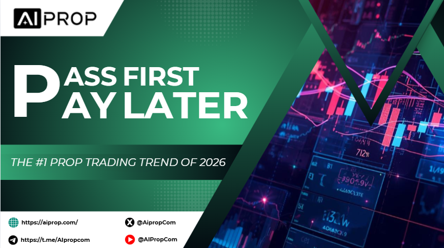 AI Prop Pass First Pay Later banner: the #1 prop trading trend of 2026, over candlestick charts