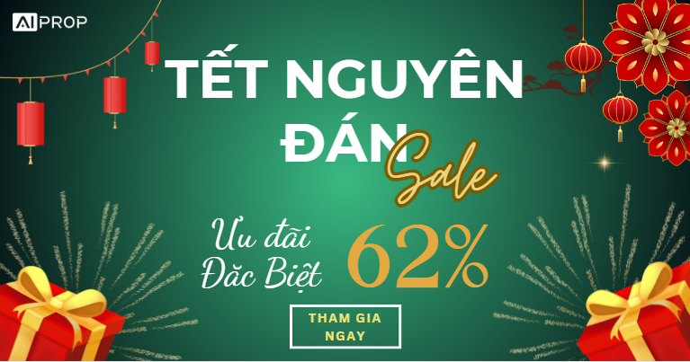 Banner AI Prop Tết Nguyên Đán Sale với ưu đãi đặc biệt 62%, đèn lồng đỏ và hộp quà