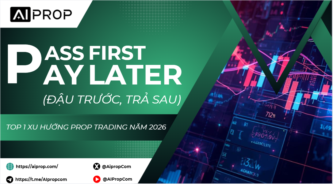 Banner AI Prop Pass First Pay Later (Đậu trước, trả sau): top 1 xu hướng prop trading năm 2026