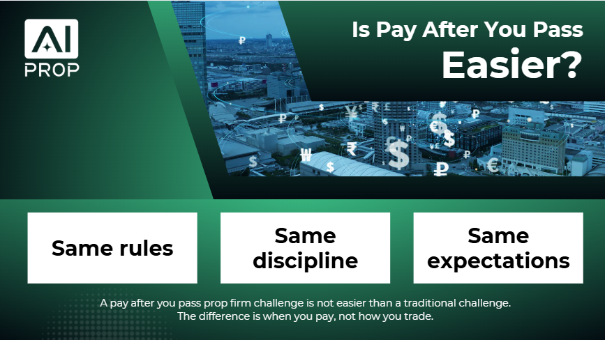 AI Prop graphic asking Is Pay After You Pass Easier? with same rules, same discipline, same expectations