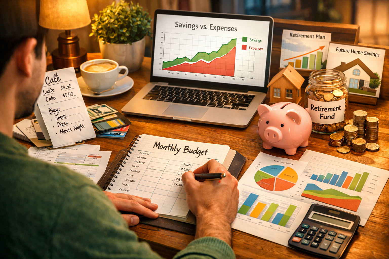 Person filling in a Monthly Budget beside a Savings vs. Expenses chart, a piggy bank and a Retirement Fund jar