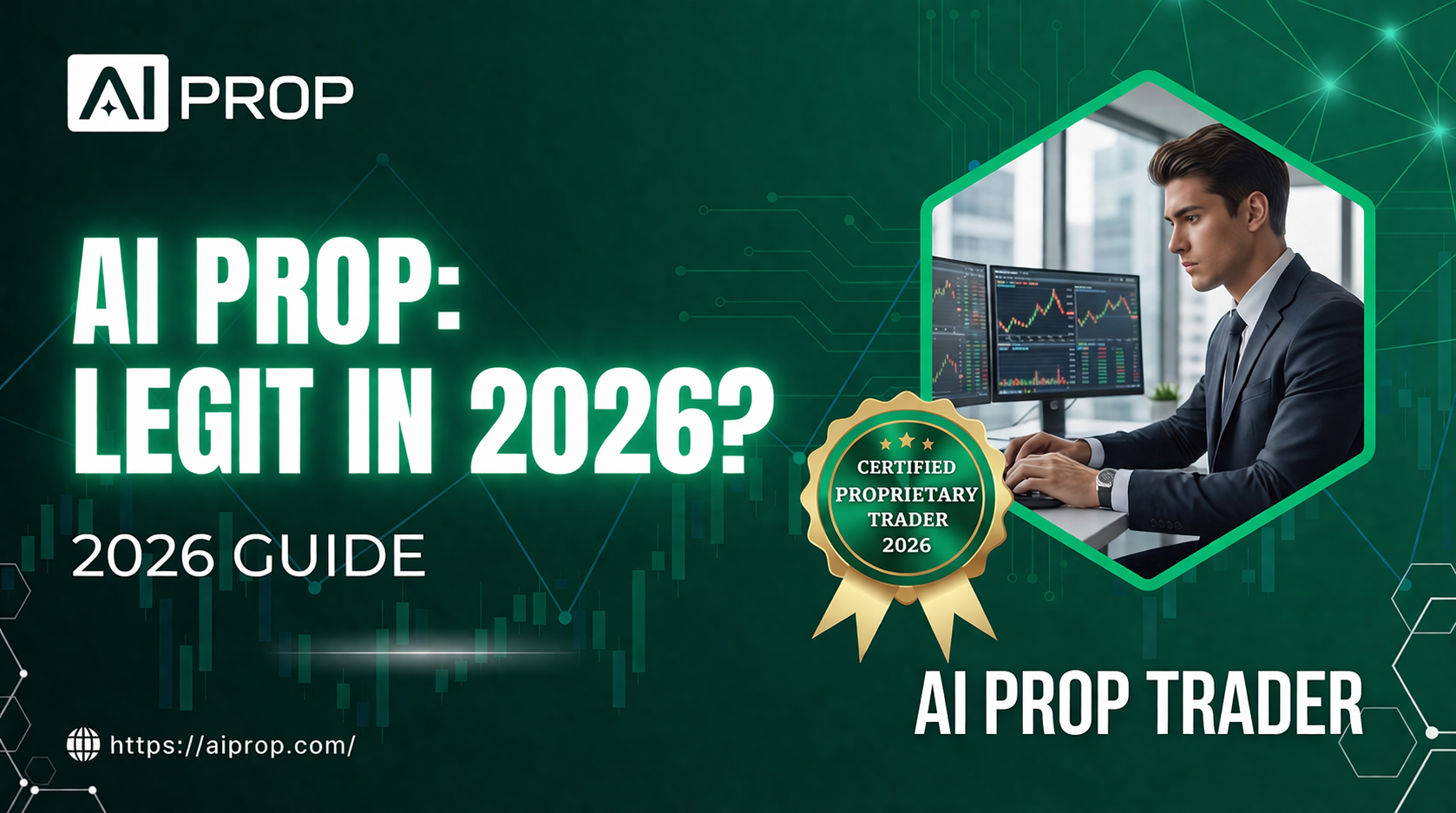 AI Prop banner 'AI Prop: Legit in 2026? 2026 Guide' with a trader at his monitor and a certified trader badge