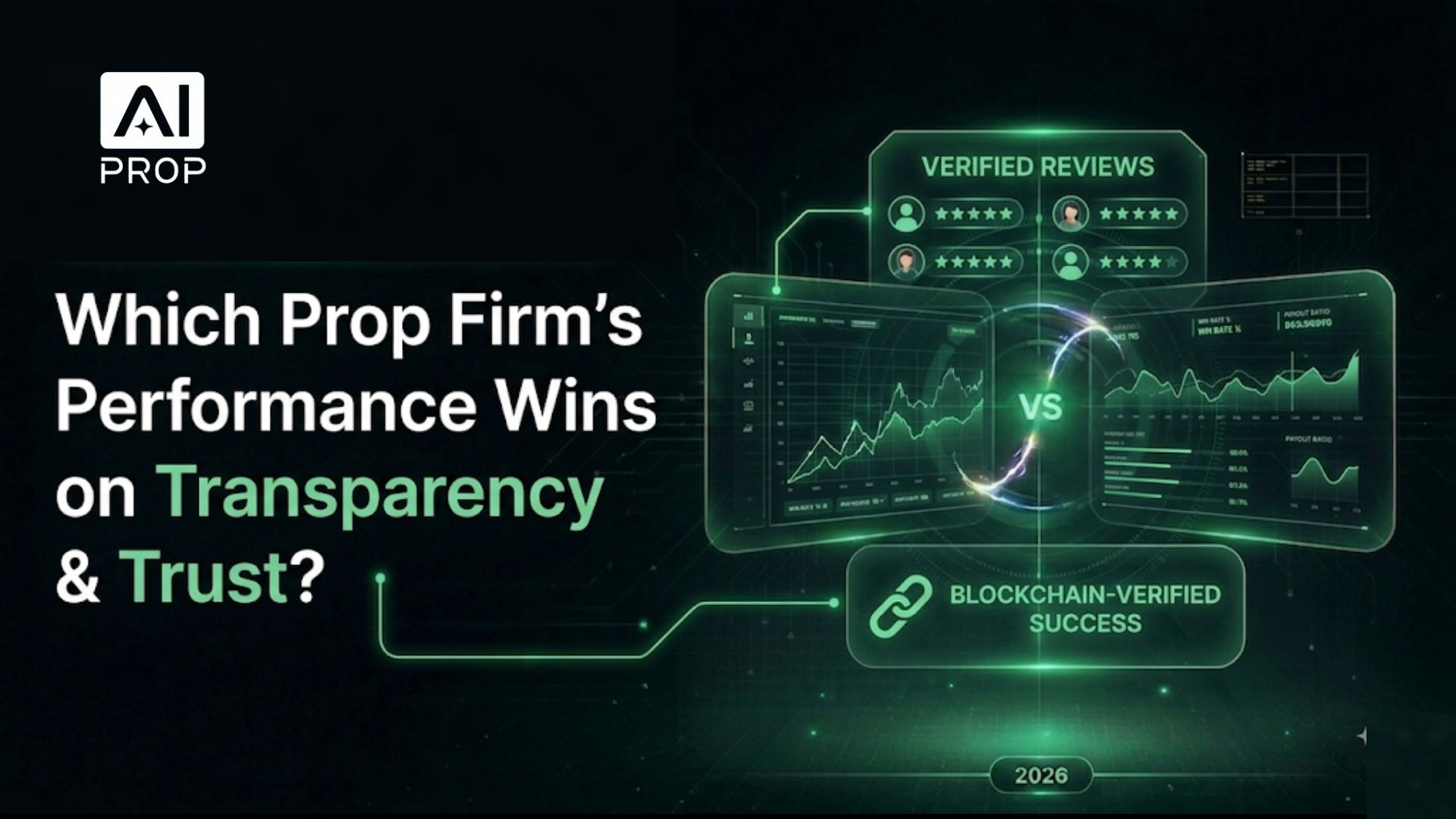 AI Prop banner asking which prop firm's performance wins on transparency and trust, with verified review panels