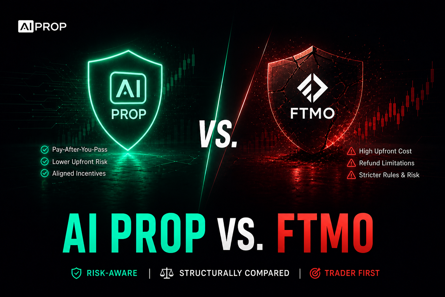 AI Prop vs FTMO banner with two shield logos facing off on dark backgrounds split green and red