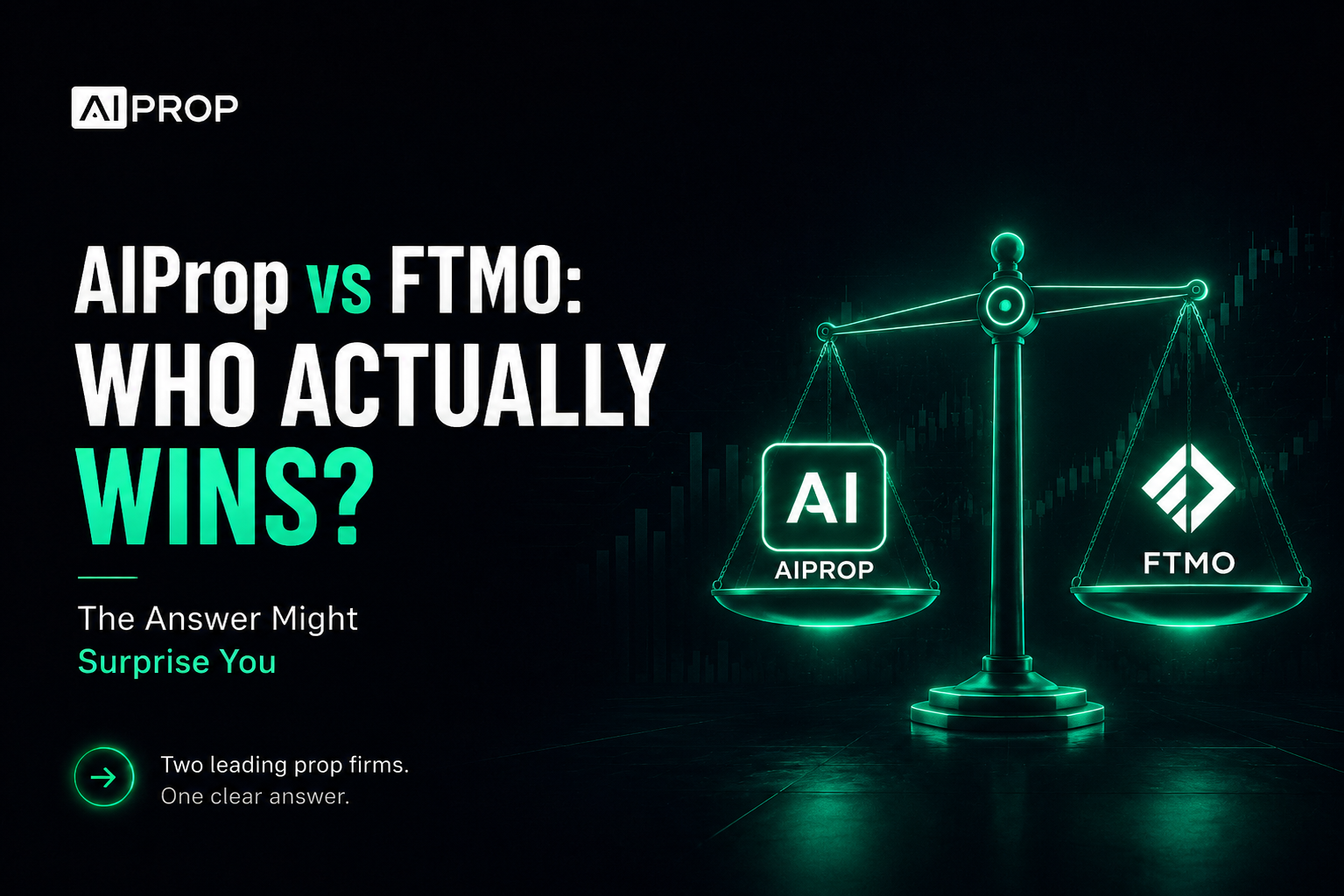 AI Prop banner 'AIProp vs FTMO: Who Actually Wins?' with both logos on a glowing balance scale