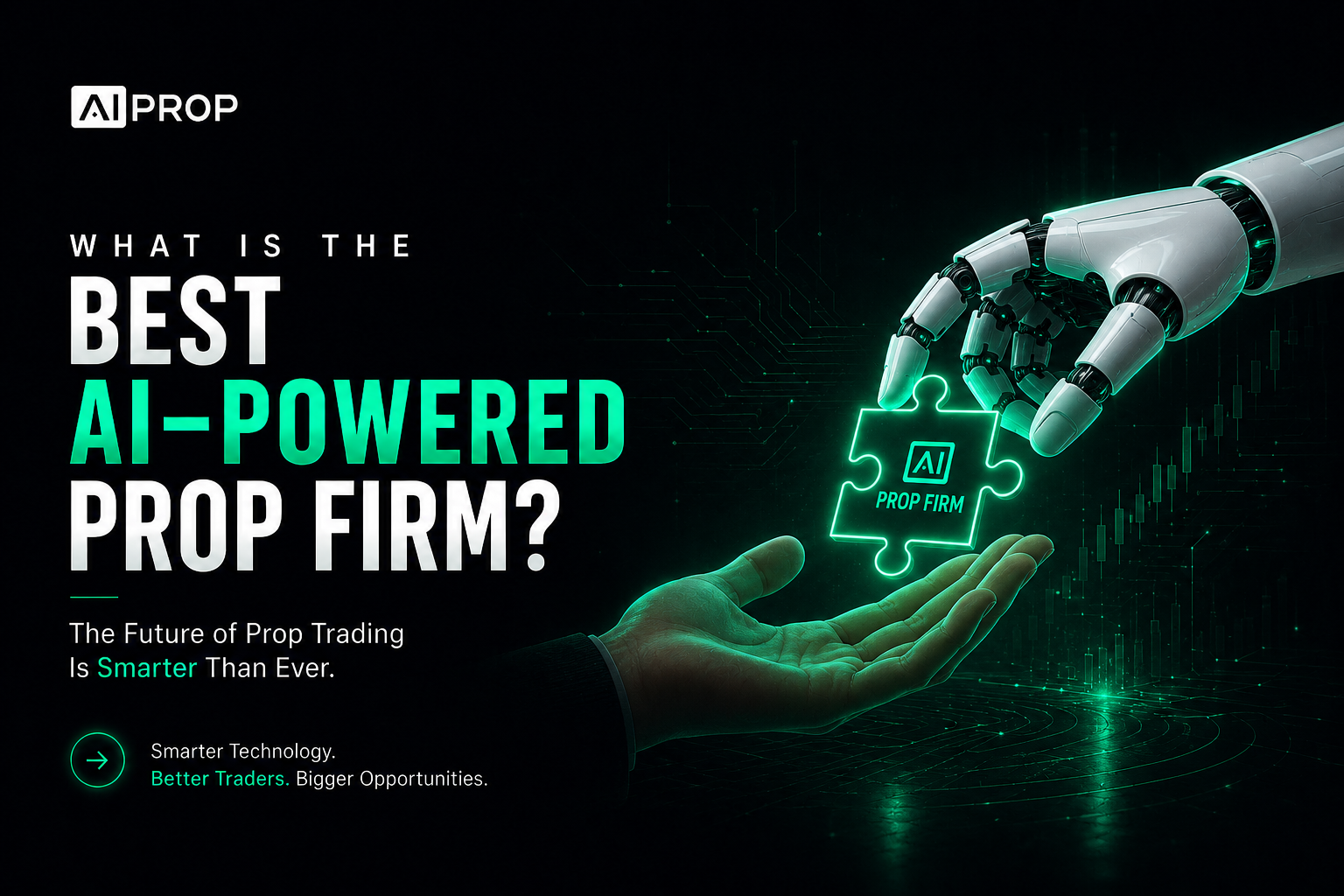AI Prop banner 'What Is the Best AI-Powered Prop Firm?' with a robot hand passing a glowing puzzle piece