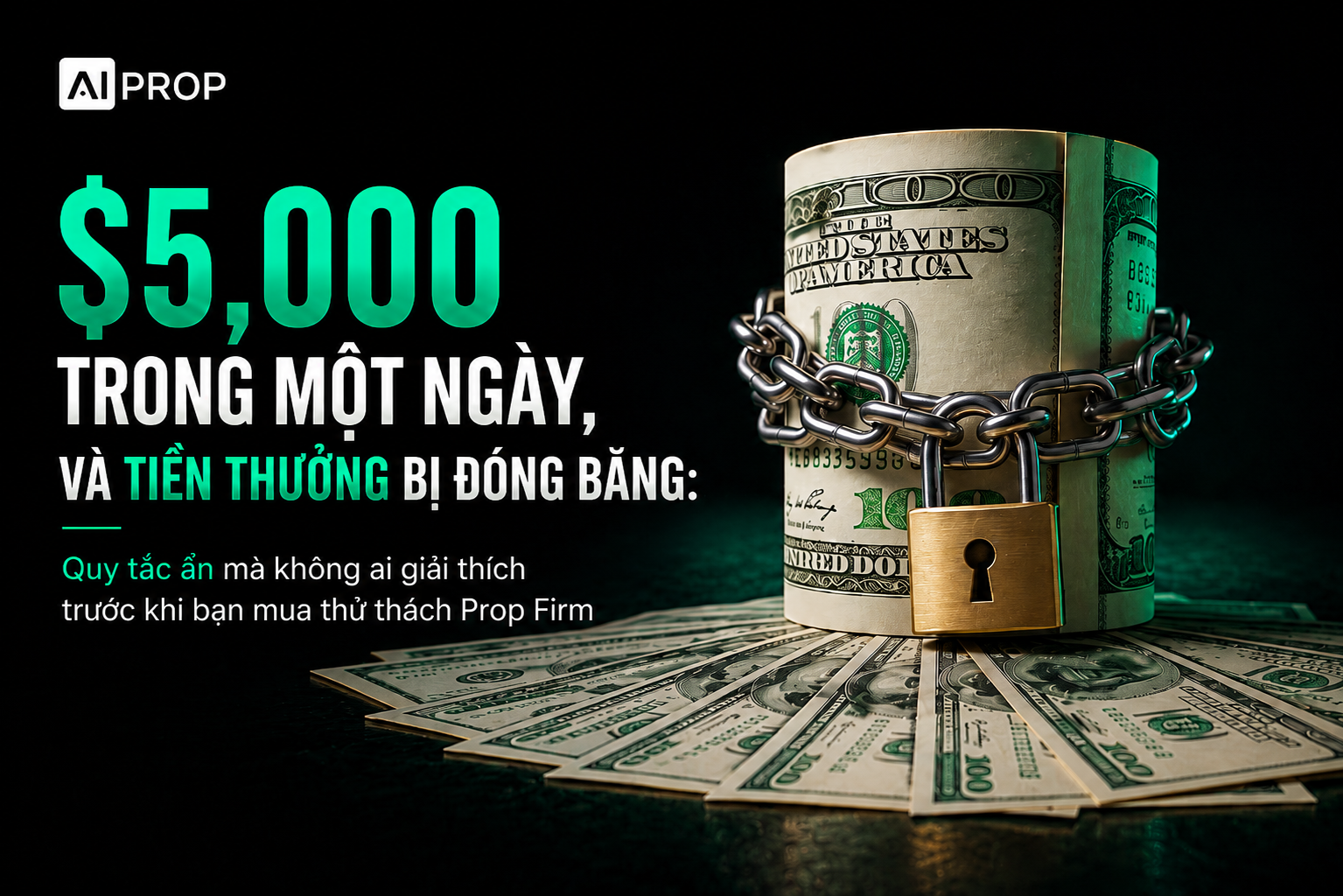 Banner AI Prop '$5,000 trong một ngày và tiền thưởng bị đóng băng' với cuộn tiền bị xích và khóa móc