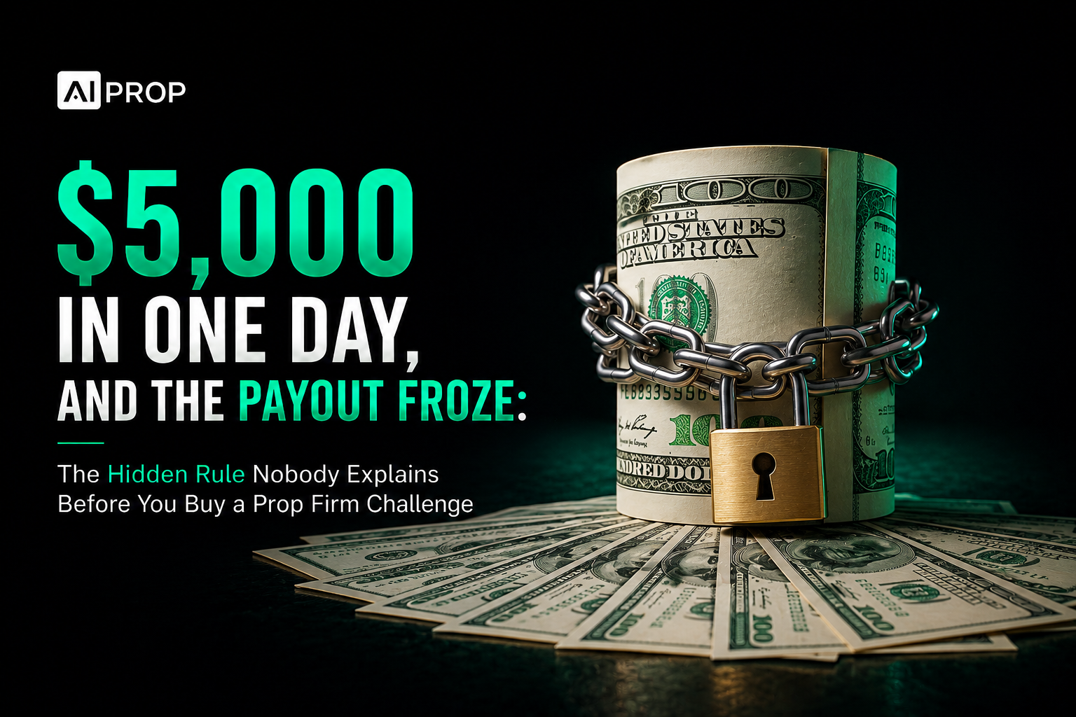 AI Prop banner '$5,000 in one day, and the payout froze' showing a cash roll locked with chains and a padlock