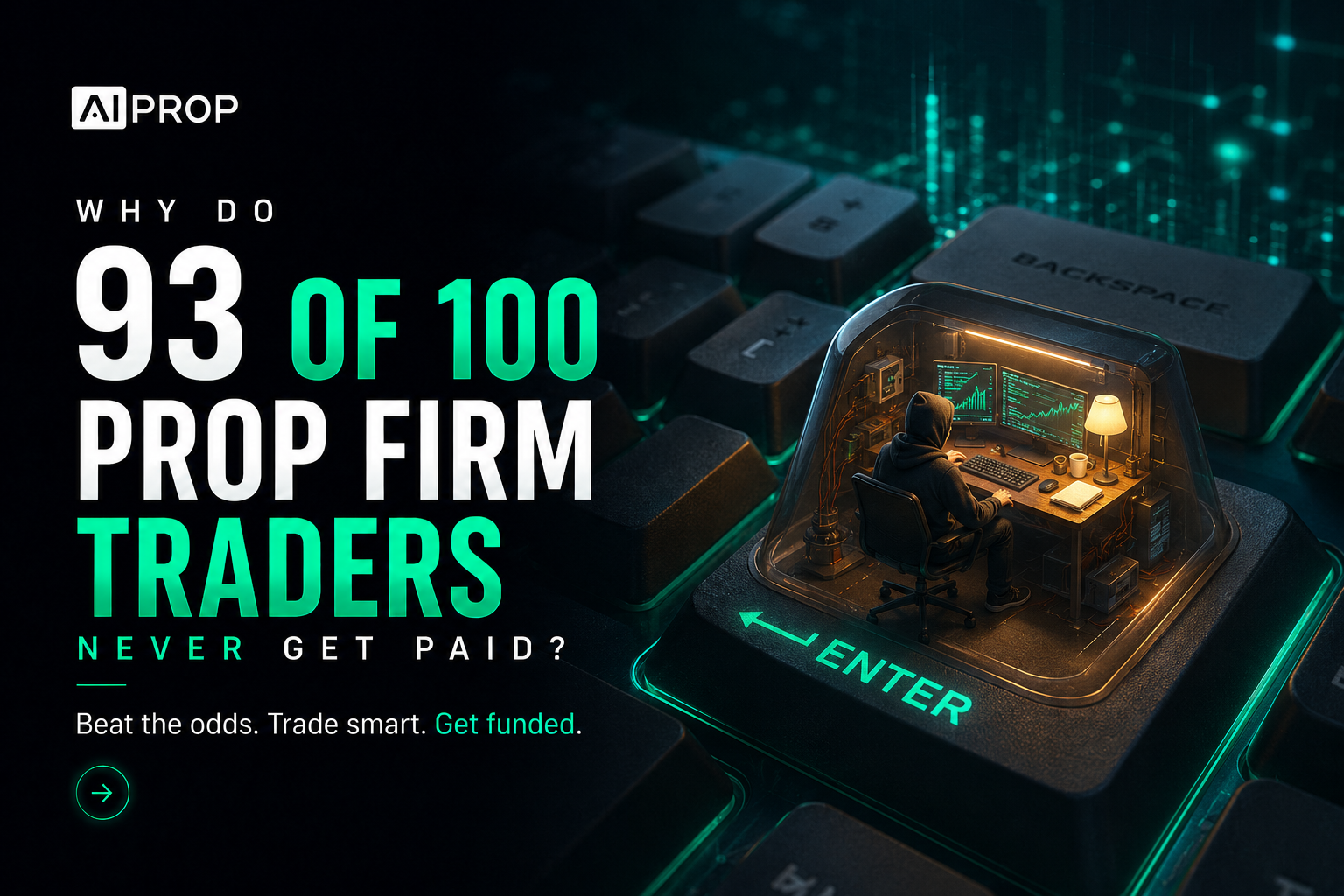 AI Prop banner 'Why do 93 of 100 prop firm traders never get paid?' showing a trader at a glowing desk on a key