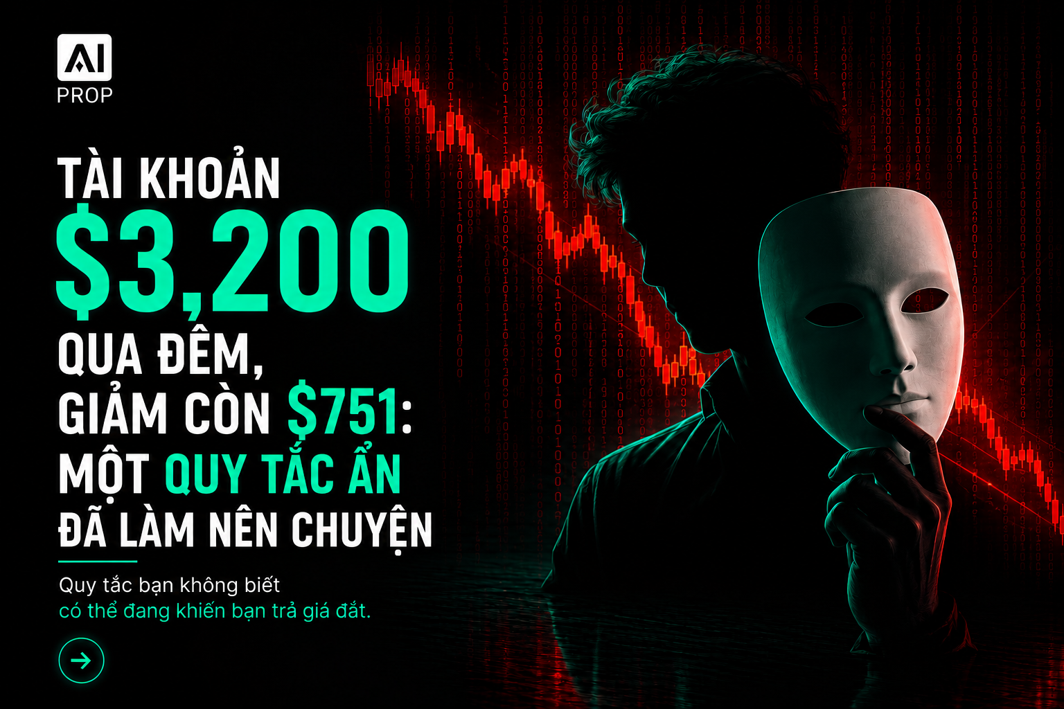 Banner AI Prop 'Tài khoản $3,200 qua đêm giảm còn $751: một quy tắc ẩn đã làm nên chuyện' với người đeo mặt nạ
