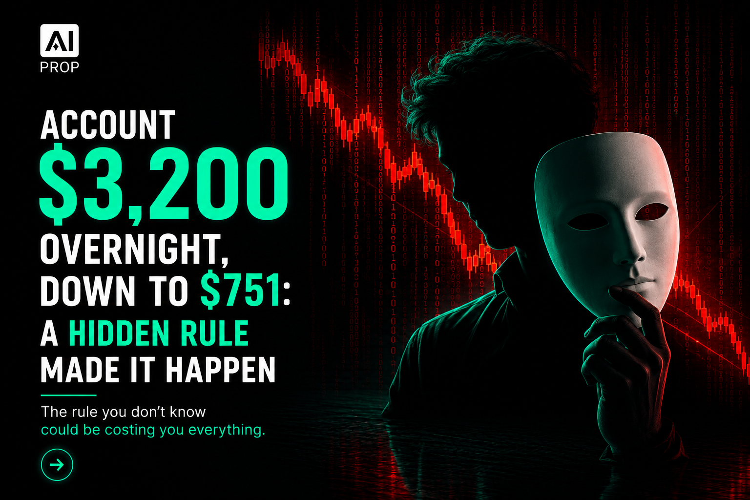 AI Prop banner 'Account $3,200 overnight, down to $751: a hidden rule made it happen' with a masked figure