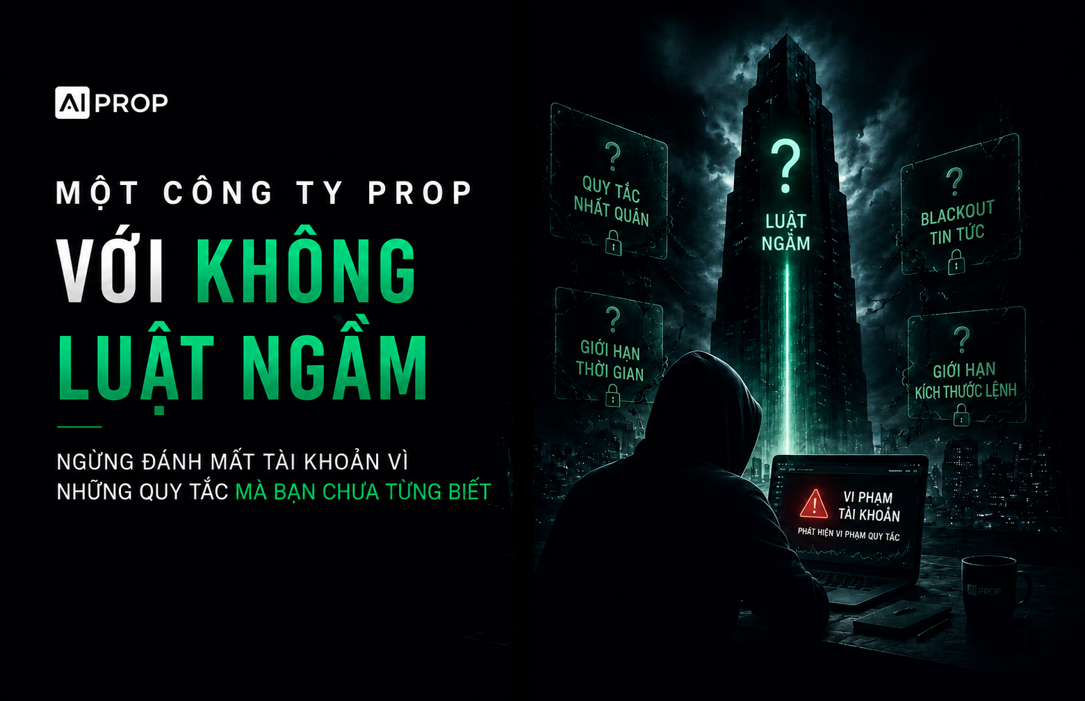 Banner AI Prop 'Một công ty prop với không luật ngầm' với trader đội mũ trùm đối diện tòa tháp luật ngầm