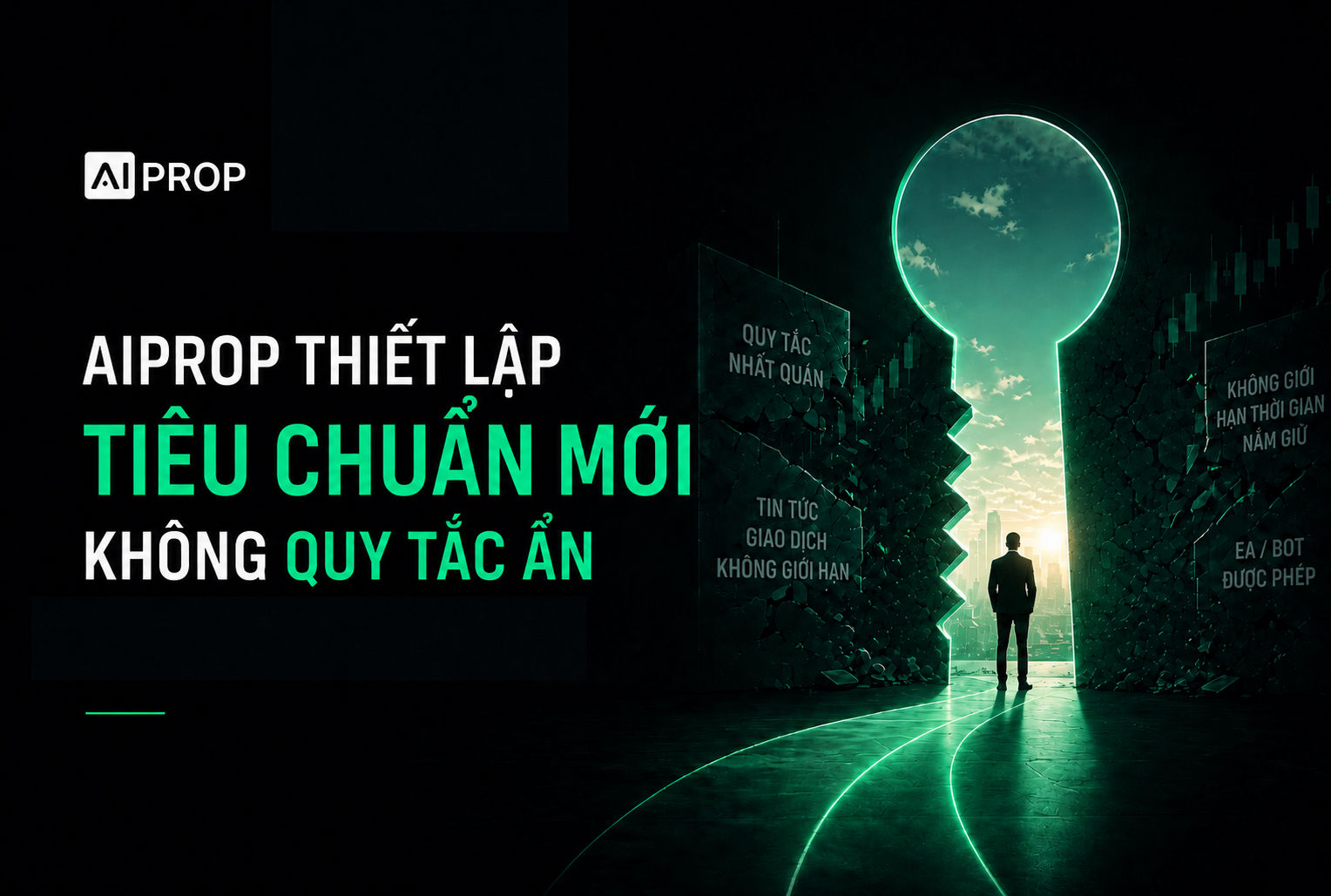Banner AI Prop 'AIProp thiết lập tiêu chuẩn mới không quy tắc ẩn' với trader đứng trong ô cửa hình ổ khóa
